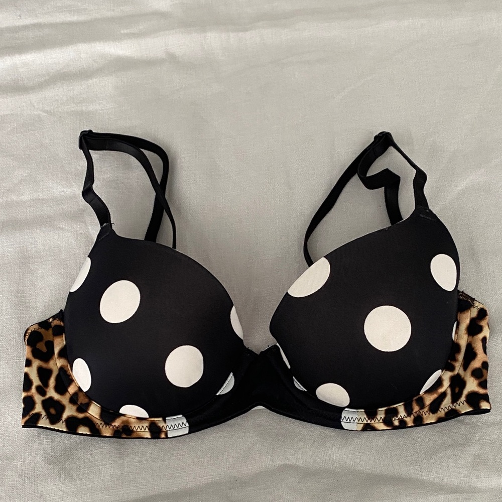 PINK Victoria's Secret Black and White Polka Dot Bra with Leopard Trim